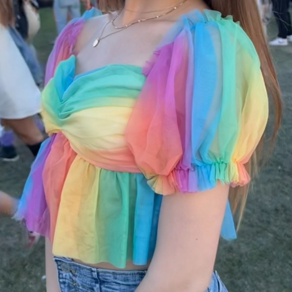 Shein Coachella Rainbow Top with Puff Sleeves Size XS